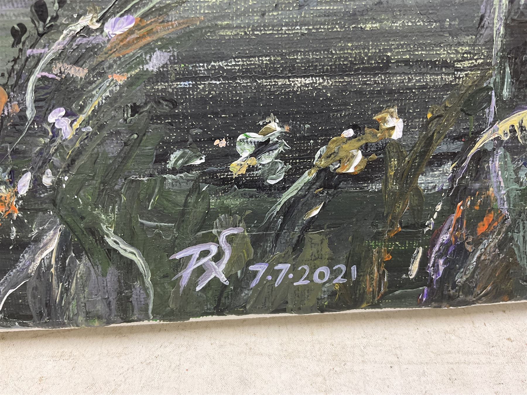 Paula Seller (Northern British Contemporary): 'Rural Sunset', acrylic on canvas signed with monogram and dated 2021, titled verso 41cm x 51cm (unframed)