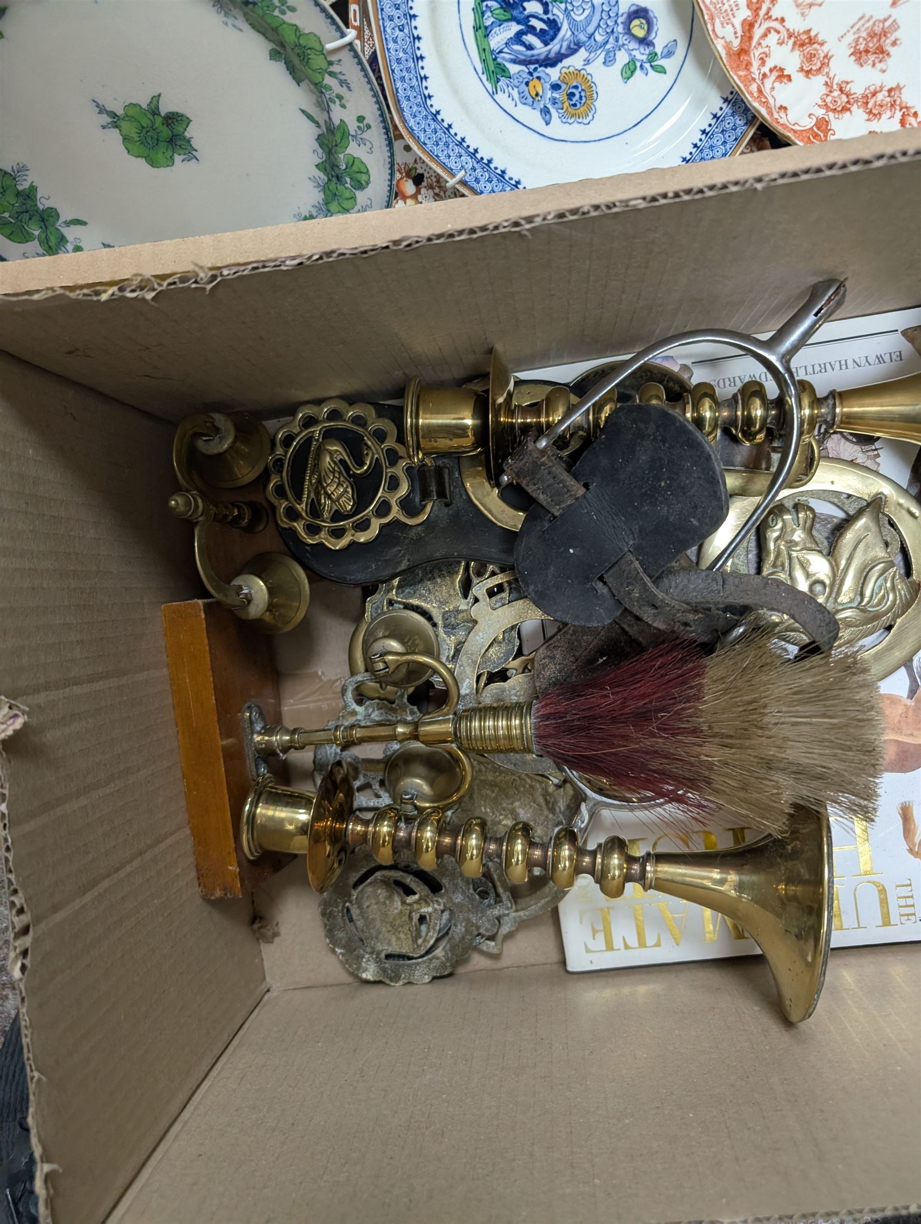 Collection of metal ware including horse brasses, together with and display plates, in two boxes 