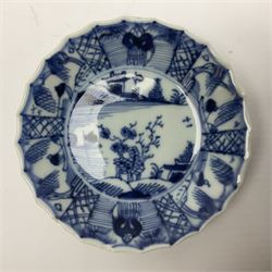 Chinese Kangxi style blue and white dish, with fluted edge, decorated with landscape and figural scenes, together with crested ware and other ceramics