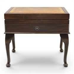 20th century mahogany canteen table, rectangular hinged top inset with gilt tooled leather...
