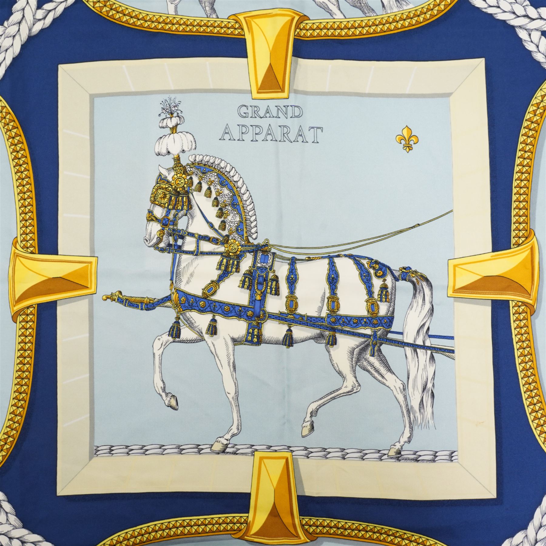 Hermes 'Grand Apparat' silk scarf in navy blue colourway, designed by Jacques Eudel, 90cm x 90cm 