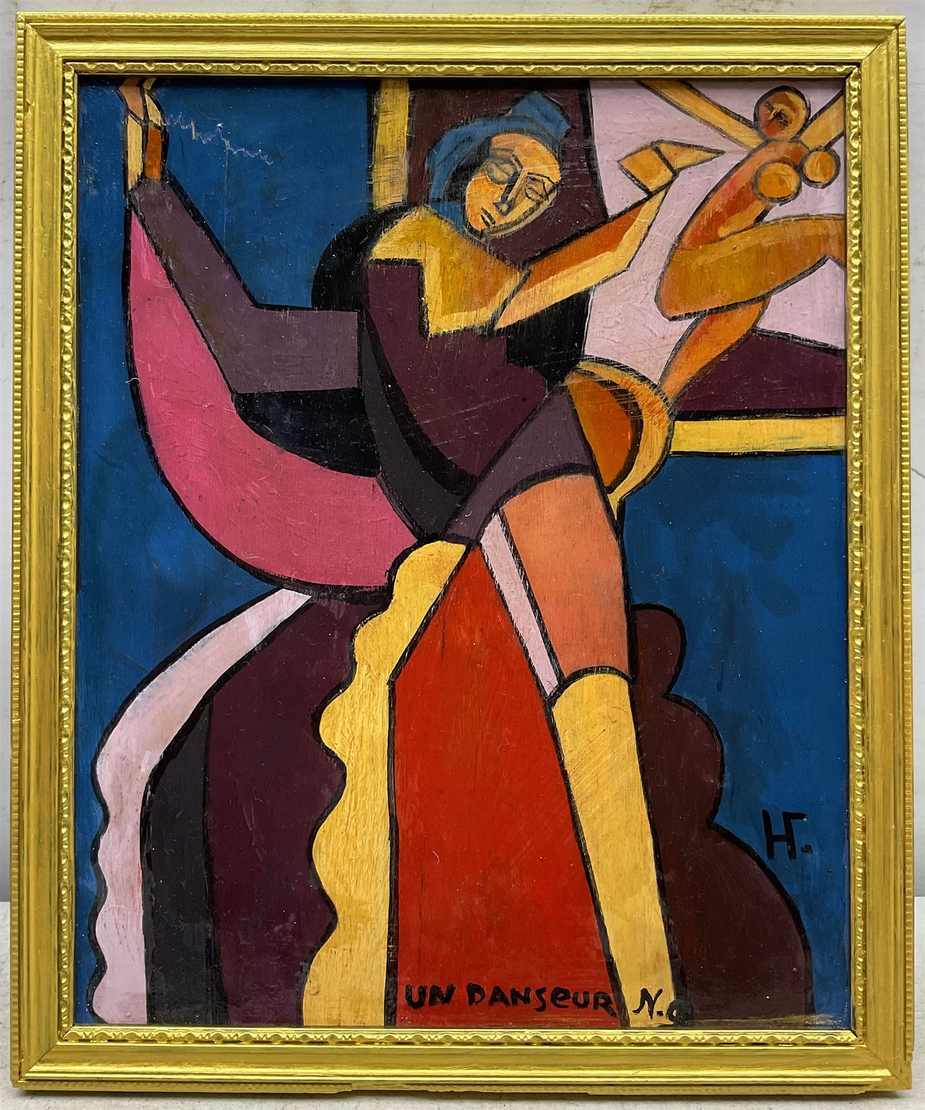 Circle of Natalia Goncharova (Russian 1881-1962): 'Un Danseur', oil on panel with initials N.g. and Cyrillic monogram 31cm x 25cm