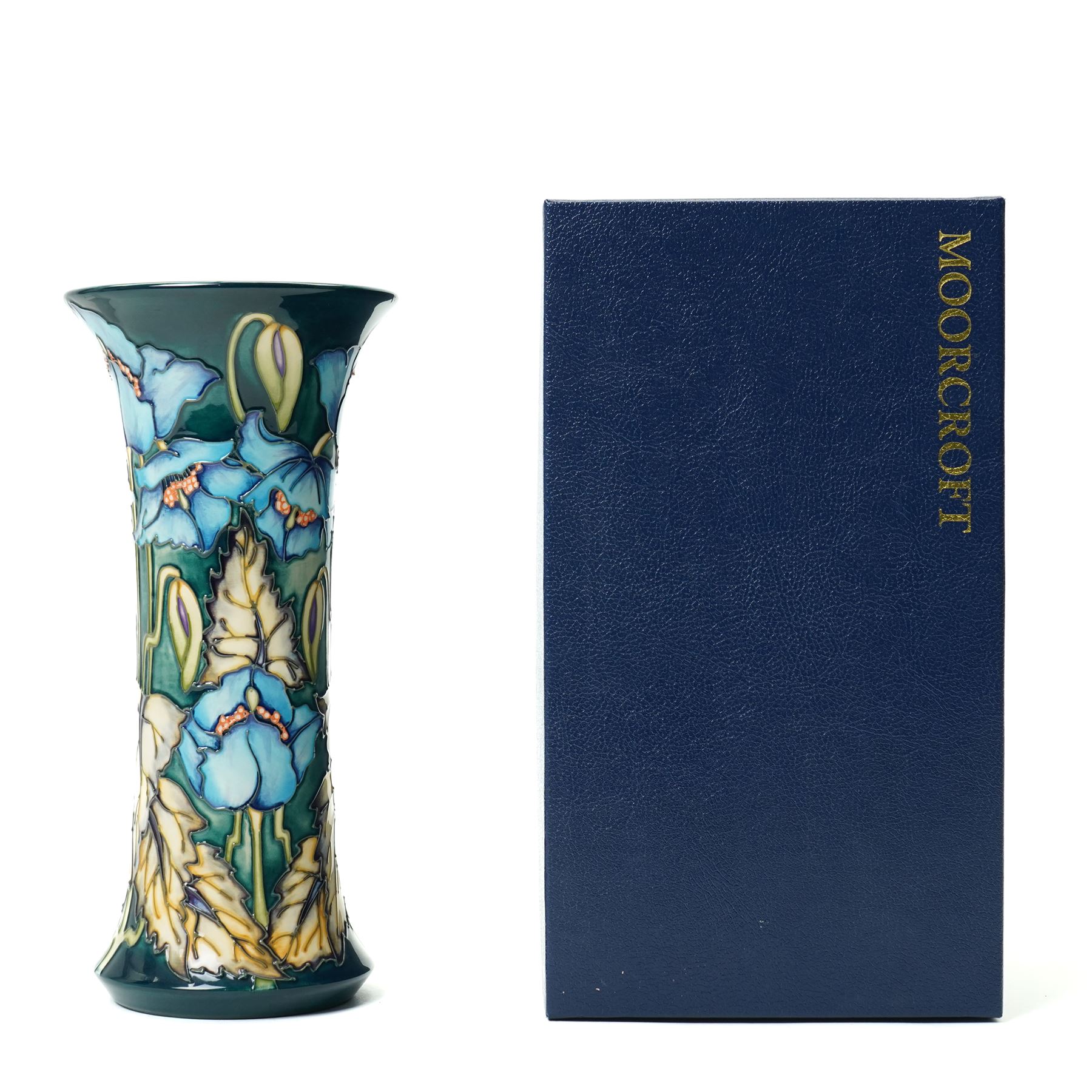 Moorcroft Blue Rhapsody pattern vase, of cylindrical form with flared neck, designed by Philip Gibson, a trial piece, with impressed and painted marks to base, with original box, H25cm
