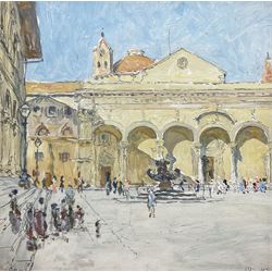 Edgar Wood (British 1860-1935): 'Piazza della Santissima Annunziata - Florence', oil on card signed and dated 1921, inscribed verso 33cm x 32cm
