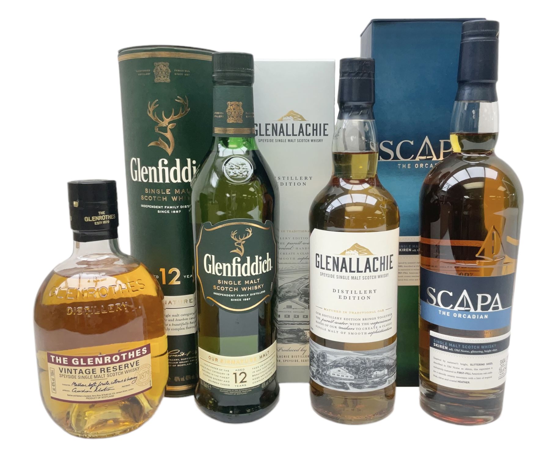 Scapa, The Orcadian single malt Scotch whisky, 70cl, 40% vol, Glenallachie, distillery edition speyside single malt Scotch whisky, 70cl, 40% vol, Glenfiddich, 12 year old, single malt Scotch whisky, 70cl, 40% vol and the Glenrothes, vintage reserve single malt whisky, 700ml, 40% vol (4)
