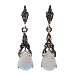 Pair of opal and marcasite pendant earrings, stamped 925