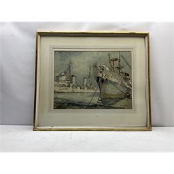 Allanson Hick (British 1898-1975): 'The Scylla' (Dido Class) cruiser in Hull Docks in the company of the Ellerman Lines 'City of Swansea', watercolour signed, titled verso 46cm x 60cm
Provenance: from the collection of the artist Terence Storey (1923-2018)