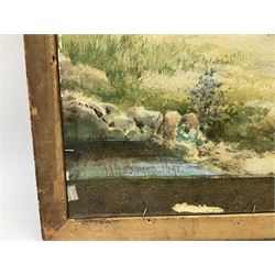 English School (19th century): Country Girl at Dawn, oil on board unsigned, verso William Joseph Boyes (British 1871-1919): 'Woman Feeding Chickens', watercolour signed and dated 1891, 50cm x 39cm