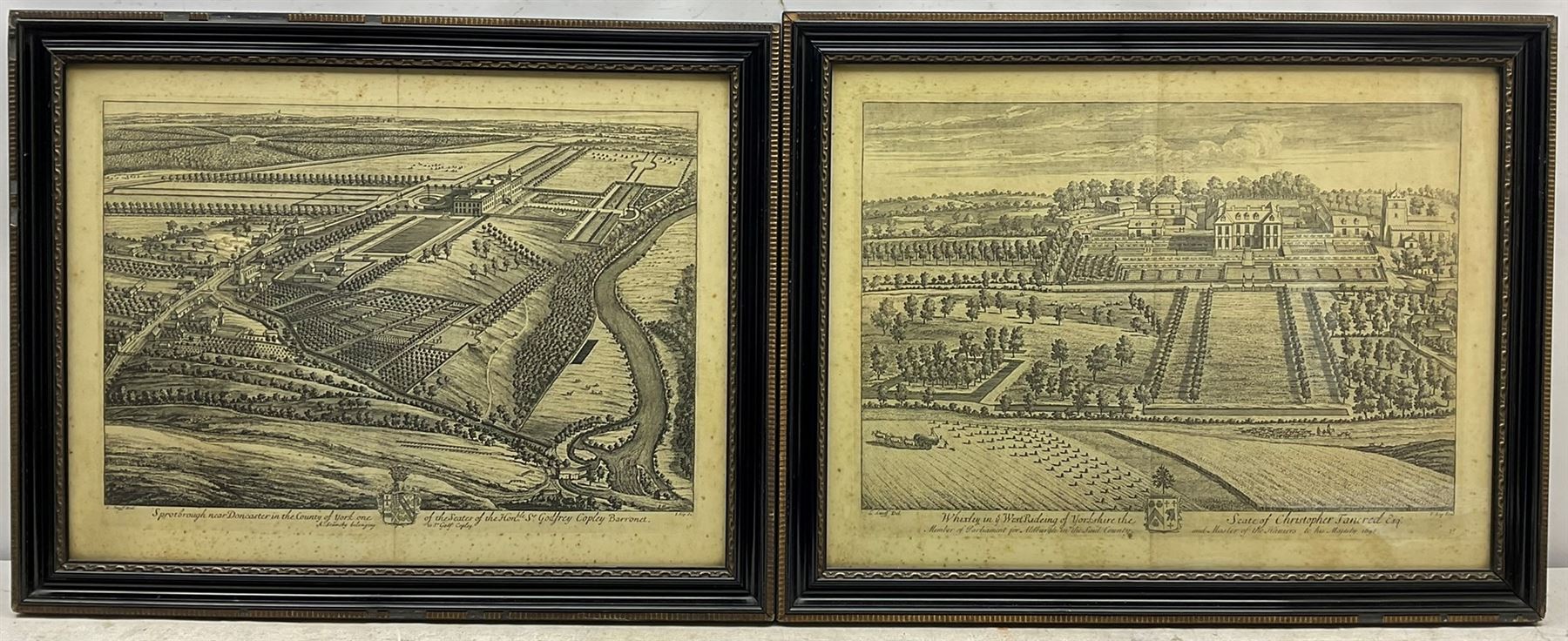 Johannes 'Jan' Kip (Dutch 1653-1722) and Leonard Knyff (Dutch 1650-1722): Yorkshire Topographical Views, comprising: 'Ingleby Manor', 'Constable Burton', 'Great Ribston', 'Whixley', 'Spotbrough', 'Newby' and 'Swillington', set seven 18th century engravings 40cm x 53cm (7)