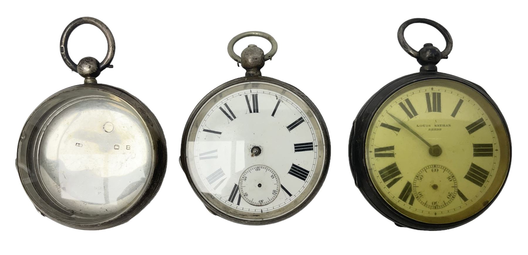 Edwardian silver open face lever fusee pocket watch by Louis Nathan, Leeds, case hallmarked Chester 1906, one other silver pocket watch by American Watch co, Waltham and a silver pocket watch case, hallmarked