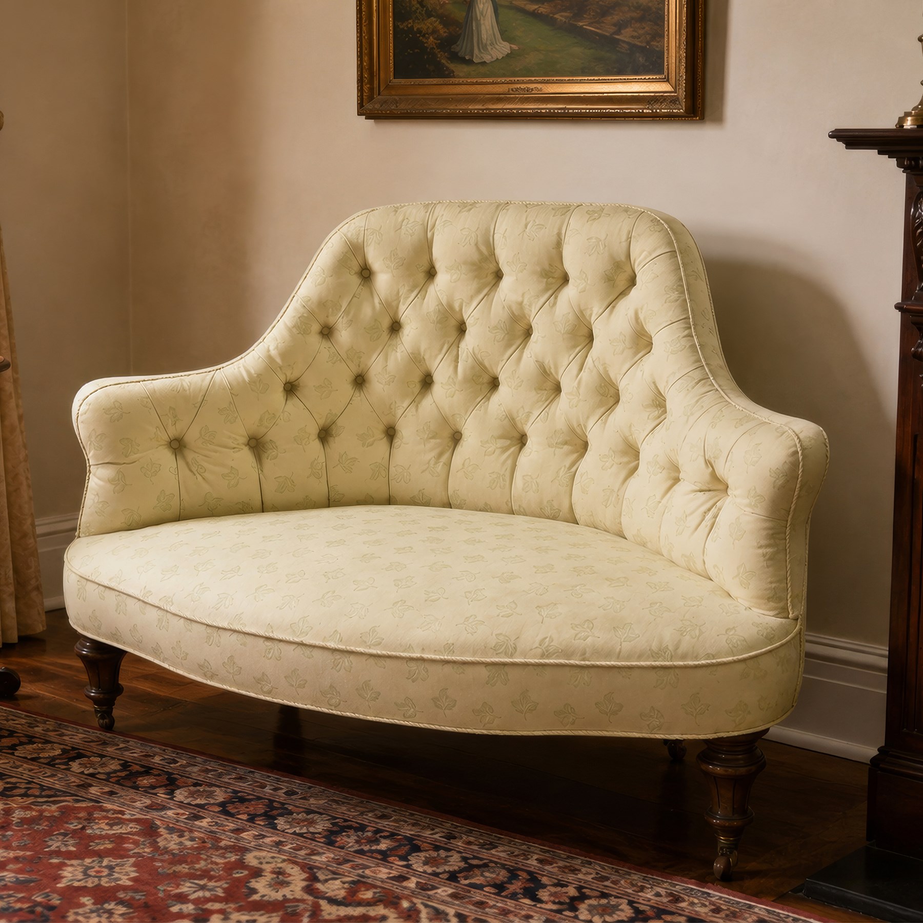 Victorian mahogany frame parlour settee, in back-buttoned ivory fabric