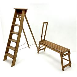 Vintage pitch pine step ladders (H156cm) and a folding timber bench