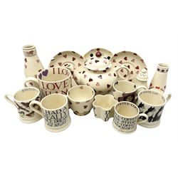 Collection of Emma Bridgewater spongeware ceramics, to include Pink Hearts pattern teapot, milk bottle vase, teacup and saucers, Love & Kisses sugar shaker and large 'I love you more than Marlon Brando' mug, British Birds and Black and White pattern mugs, etc, all with printed marks beneath, tallest H21.5cm