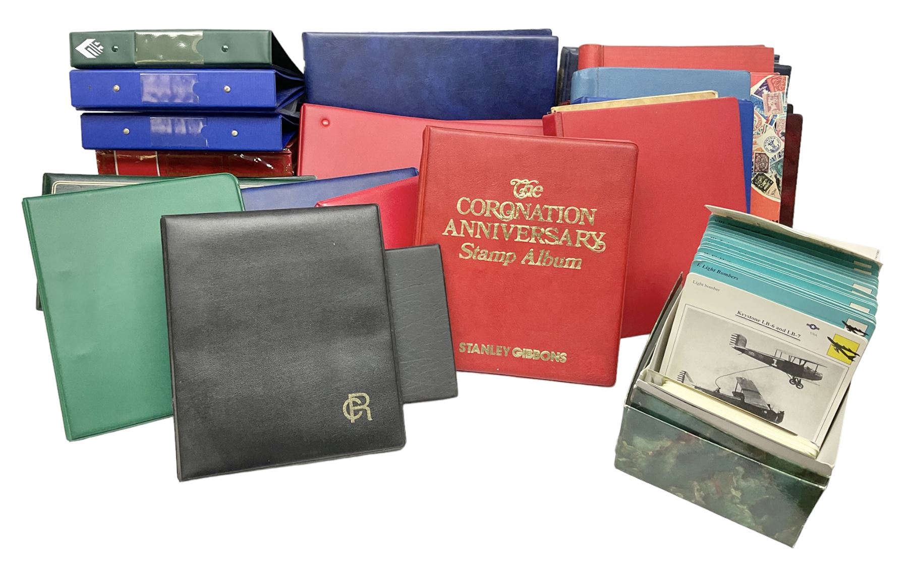 Various empty albums and folders, World stamps including Afghanistan, Bulgaria, Chile, Cuba, Czechoslovakia, British Antarctic Territory, Peru etc, in one box