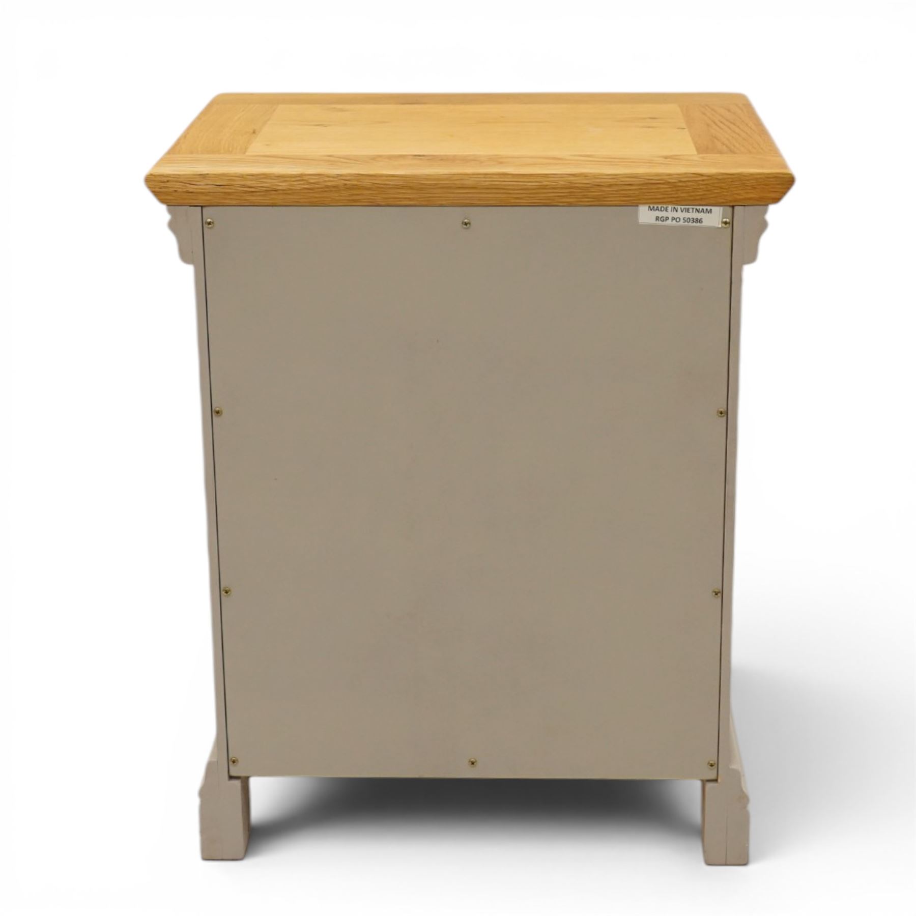 Modern bedroom suite comprising; a dresser, blanket box, bedside table, oak tops over a pale blue with wooden turned knobs

Dresser (H 77cm, D 48cm, W 107cm)
Blanket box (H 51cm, D 48cm W 91cm)
Bedside table (H 64cm, D 39cm, W 54cm)