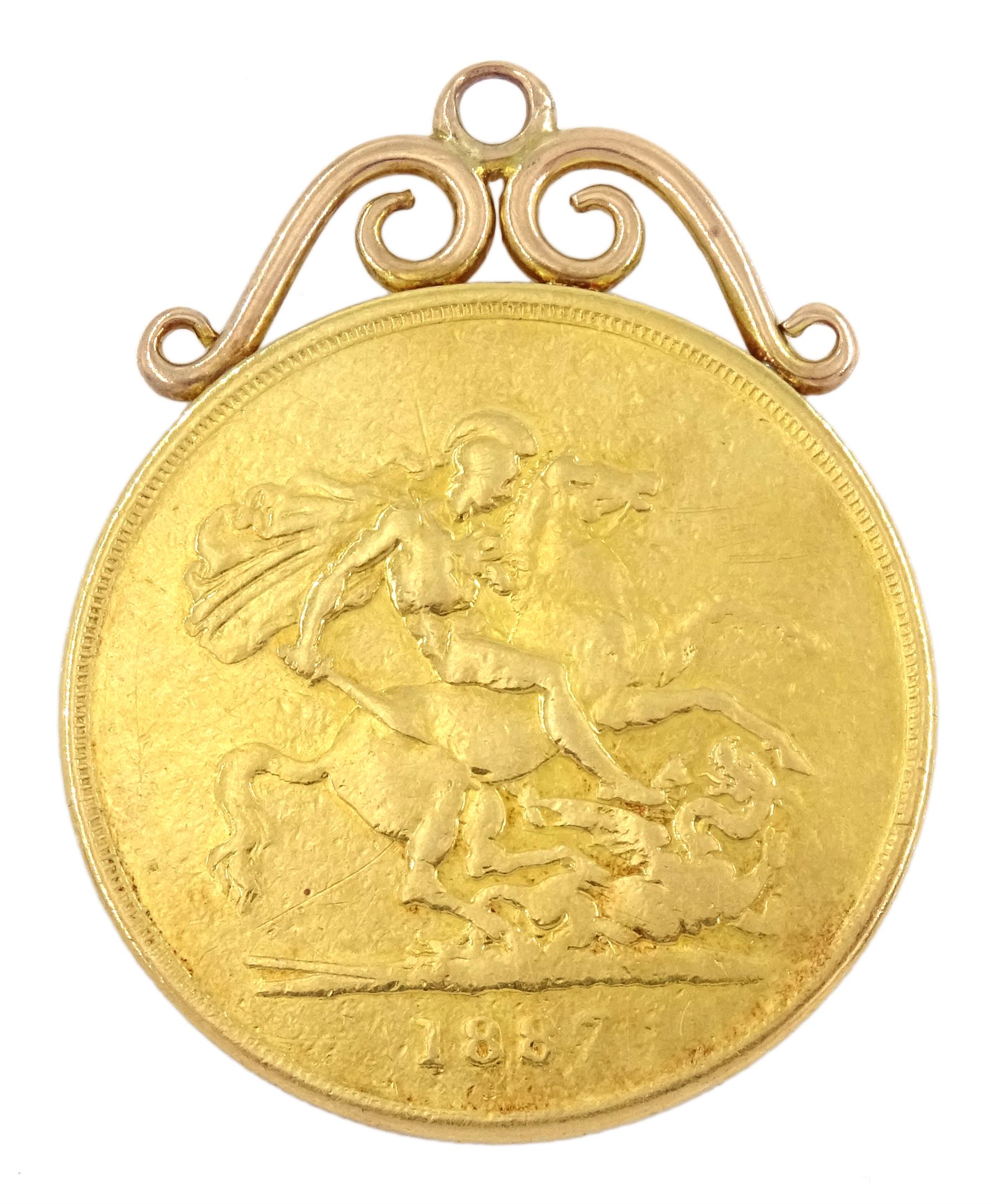Queen Victoria 1887 gold five pound coin, with soldered 9ct rose gold pendant mount