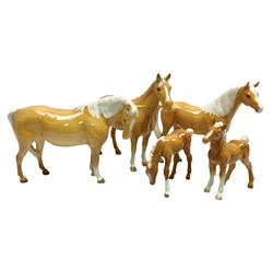 Five Beswick figures of Palomino horses, comprising mare no 1812, huntsman's horse no 1484, mare no 1991 and two standing foals, all with printed marks beneath