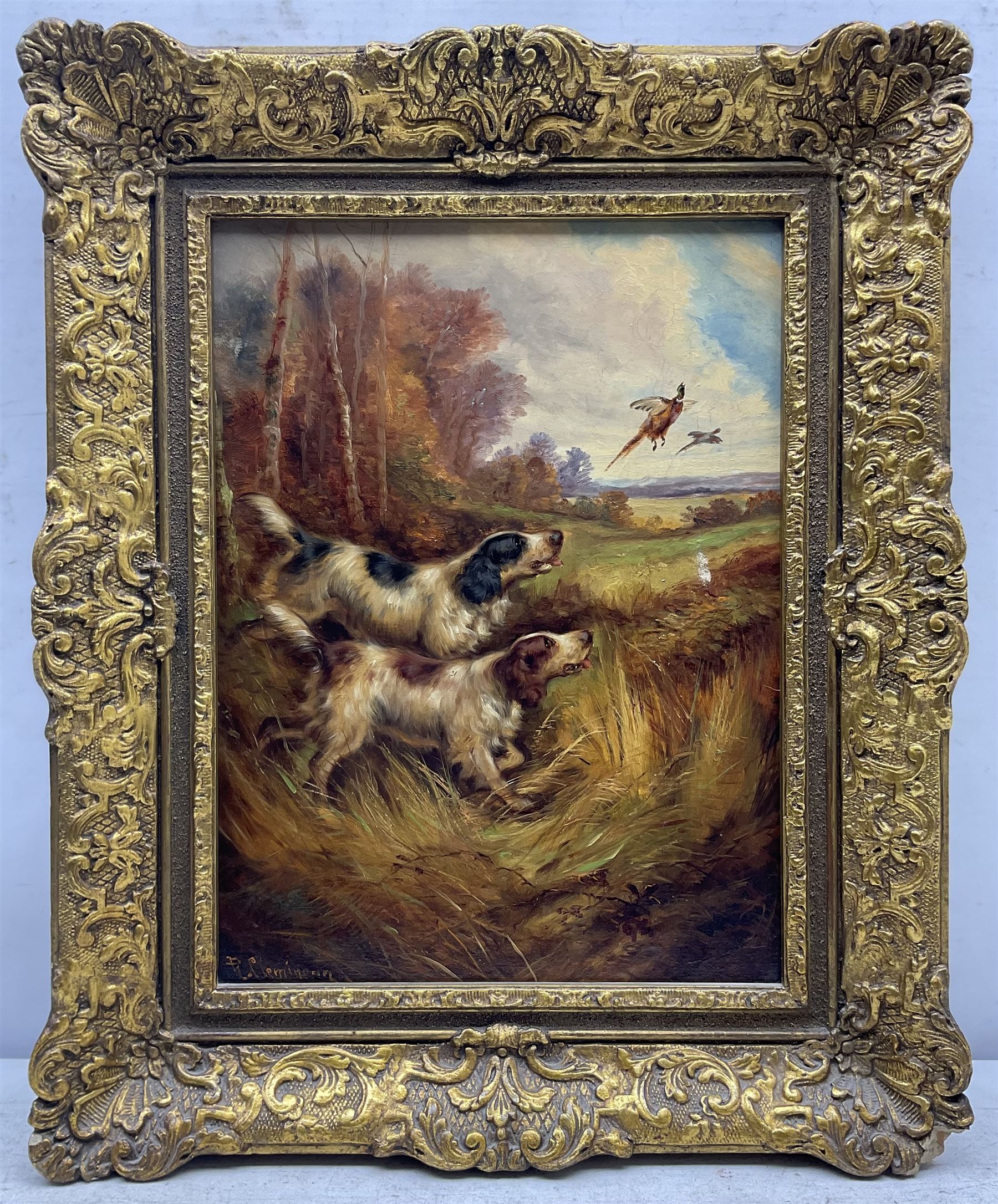 Robert Cleminson (British 1864-1903): Spaniels Flushing Pheasants, oil on canvas signed 39cm x 29cm