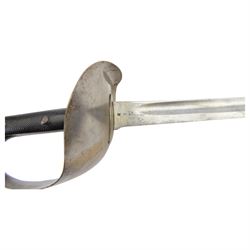17th Lancers 1899 cavalry sword, with L83cm single-edged slightly curved blade, top of blade etched '30E 66/', broad sheet steel guard stamped '2/1901 17L 72' with black fish-skin grip, in steal scabbard, overall L100cm   


