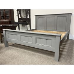 Grey painted King size bedstead with panelled back and footboard