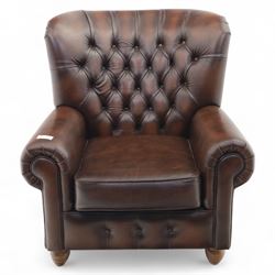 Thomas Lloyd  - armchair, brown leather,  button upholstered back, cushion seat, and wide scrolled arms, raised on bun feet