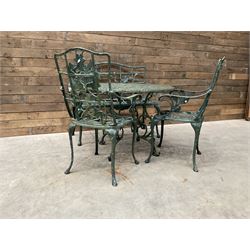 Cast aluminium garden dining set, comprising ornate circular table (D91cm, H68cm) a two seater bench, on cabriole supports (W118cm, H93cm, D55cm), and two matching armchairs (W55cm, H95cm, D54cm)