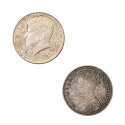 Two Queen Victoria silver one crown coins, 1889 and 1890, George III 1817 silver half crown, King George V 1935 silver half crown, and seven further coins