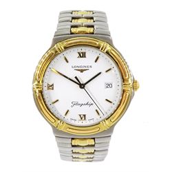 Longinges Flagship quartz two tone stainless steel bracelet wristwatch No. L5 651 3, with date aperture, boxed with papers and additional link