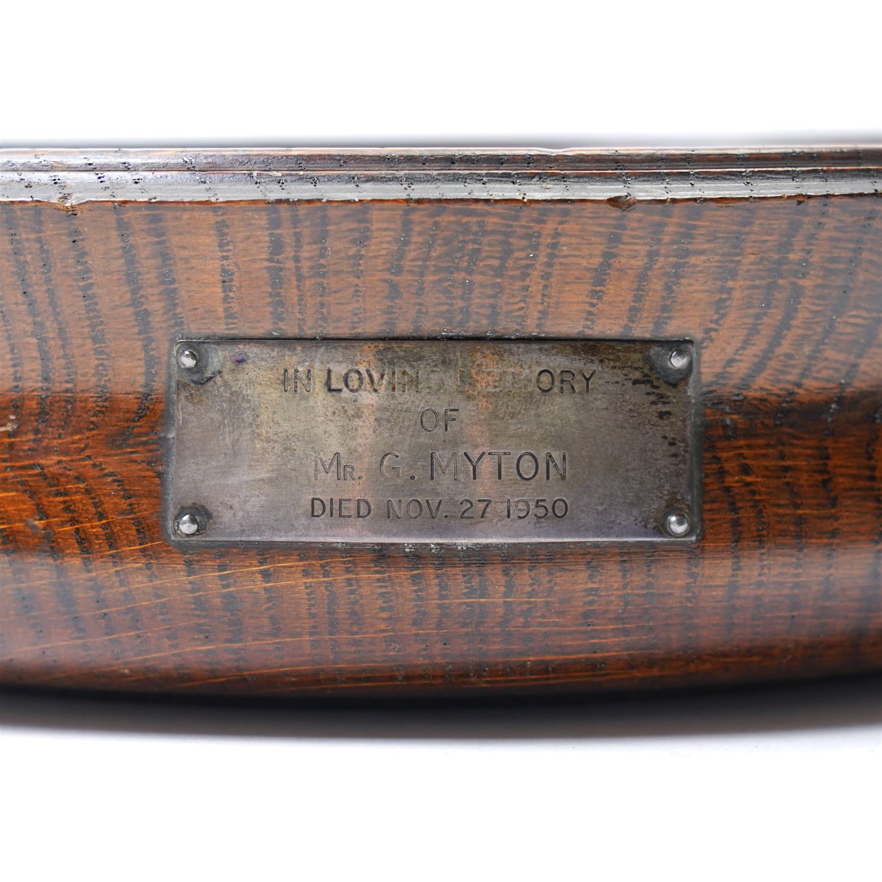 Carved bowl with central Yorkshire Rose motif, with white metal plaque, D25cm; and a similar turned bowl with white metal plaque, D22cm (2)