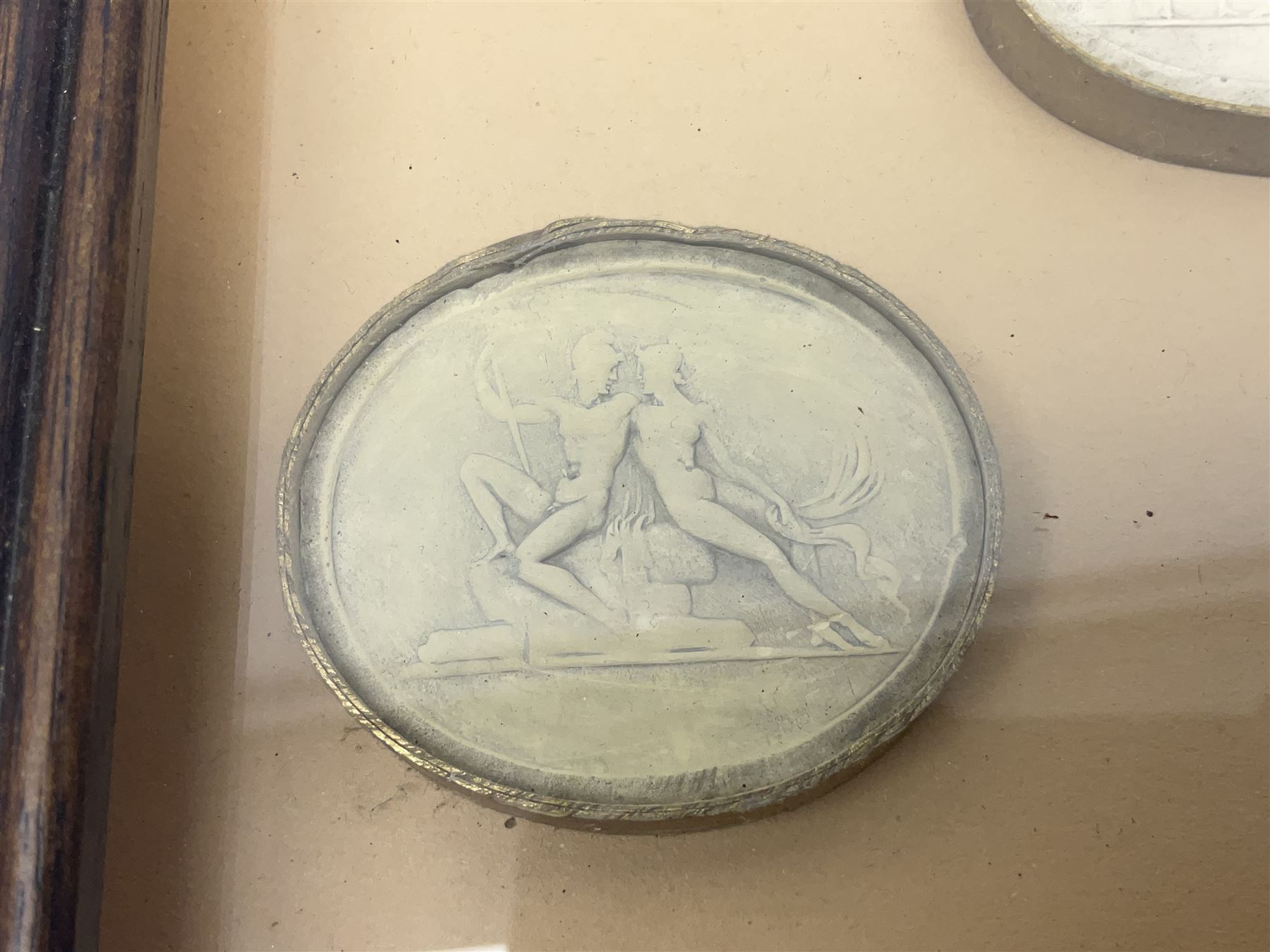 Set of six 19th century Grand Tour plaster intaglios, each depicting classical figures, frame H25cm, W19cm