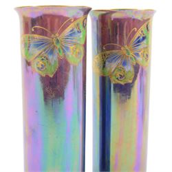Pair of Walter Slater for Shelley lustre vases of cylindrical form decorated with the Rich Butterfly pattern, H21cm