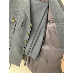 RAF Flight Lieutenant's uniform with peaked cap and WW2 ribbon bar; WW2 gas mask in blue canvas bag dated 1942; flying helmet date 1984; and British Army Major's uniform with Staybrite buttons and peaked cap