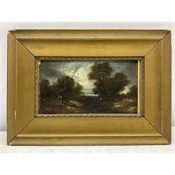 Circle of John Crome (British 1768-1821): 'A Woodland Scene near Norwich', oil on board laid on oak panel bears signature, old title label verso 14cm x 26cm