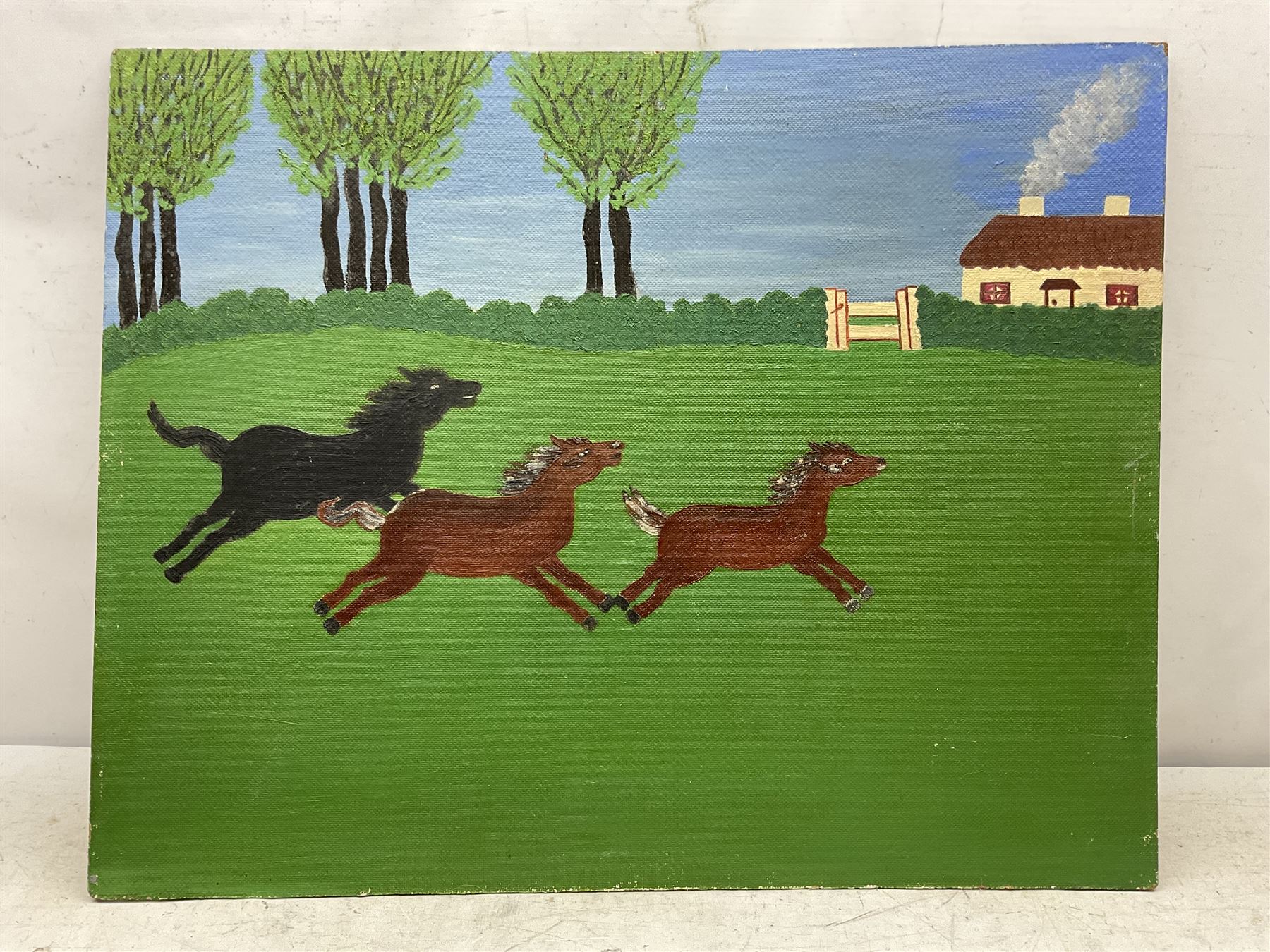 Gladys Hamilton Cooper (British 1899-1975): 'Freedom' - Wild Horses, oil on board, signed titled and dated 1957 verso 61cm x 76cm (unframed)