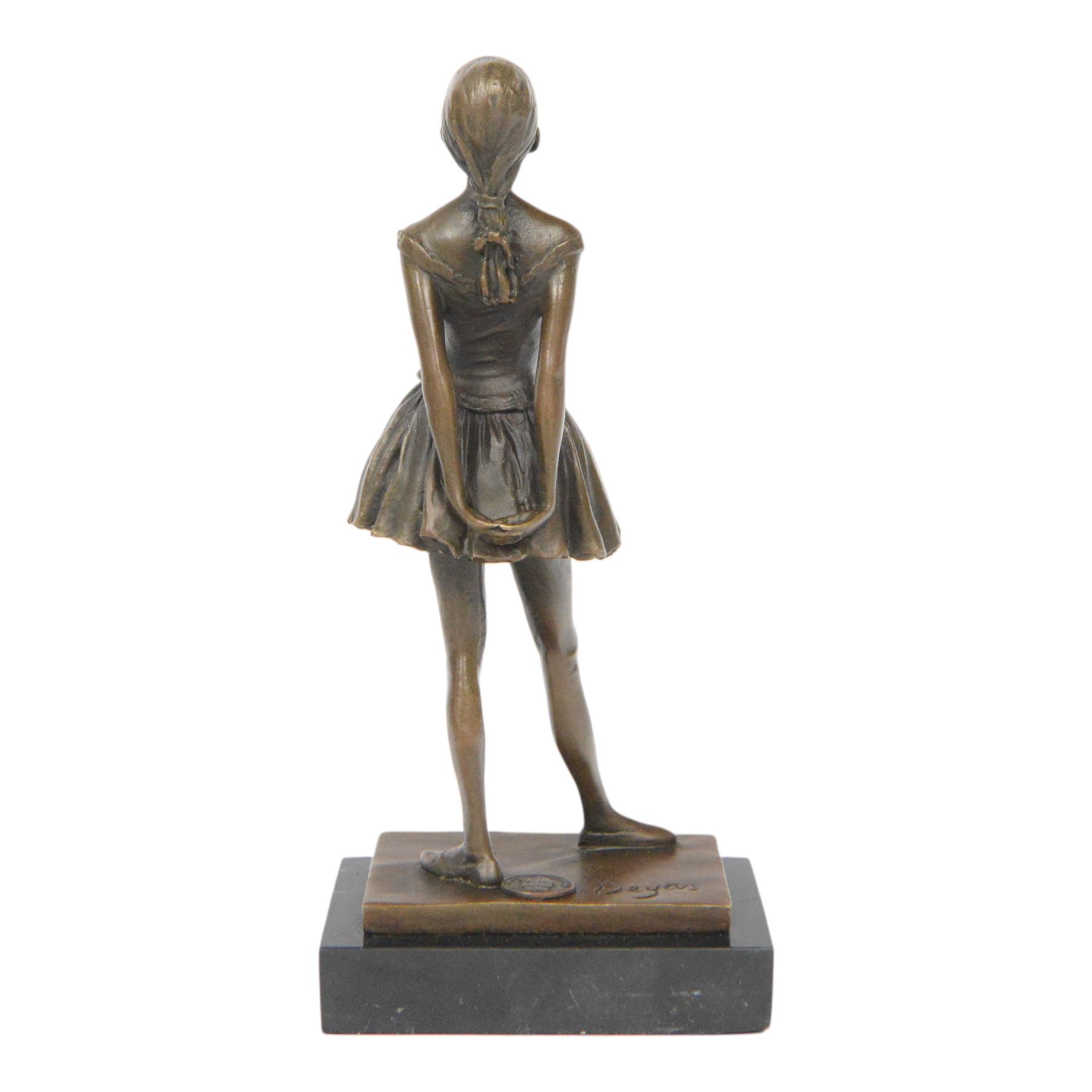 After Edgar Degas, Ballerina bronze figure modelled as a young female dancer, signed Deyas, raised upon a rectangular base, H20cm