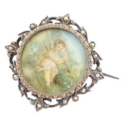 Five 19th century silver portrait brooches, two set with portraits of cherubs and three with women on ivory, three within pierced foliate surrounds. This lot has been registered for sale under Section 10 of the APHA Ivory Act
