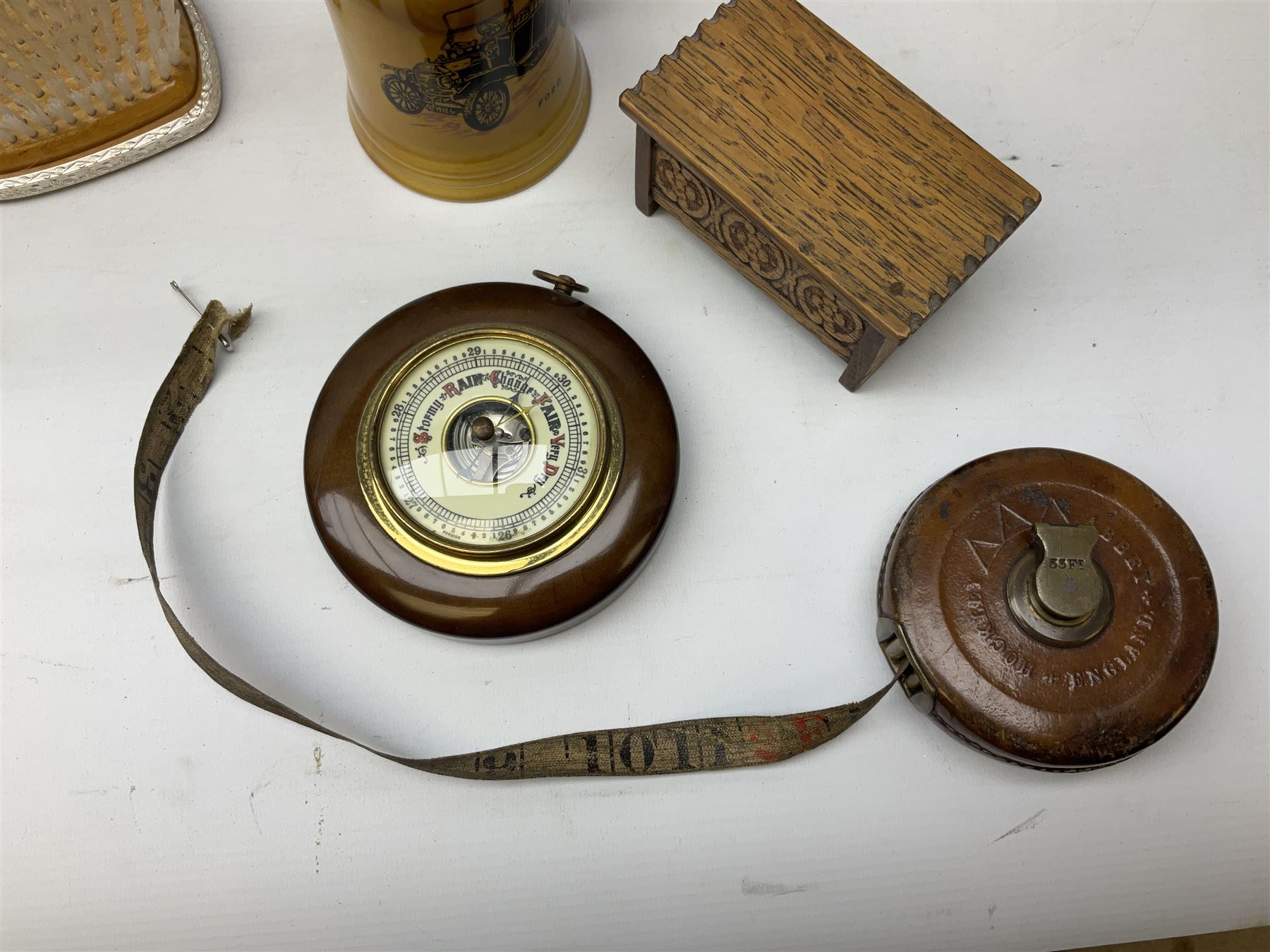Booths Old Willow pattern plates, teacups and saucers, together with Stuart Crystal bowl with frog lid, small barometer and other collectables