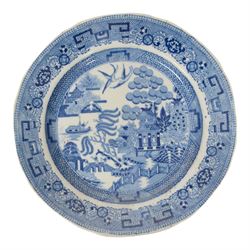 Collection of ten blue and white transfer plates, including two in Italian pattern with floral boarder, together with Willow pattern 