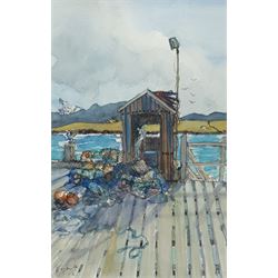 Gill Douglas (Northern British 1944-): 'The Hut on the Pier - Aultbea, Loch Ewe, Wester Ross', watercolour signed, titled verso with artist's York address label 28cm x 18cm 
Notes: Originally from Newcastle upon Tyne, at the age of 28 Gill moved to study Theatre Design at Art College in Nottingham. On completion of her Diploma, in 1976, she moved to York to establish herself as an artist and print maker