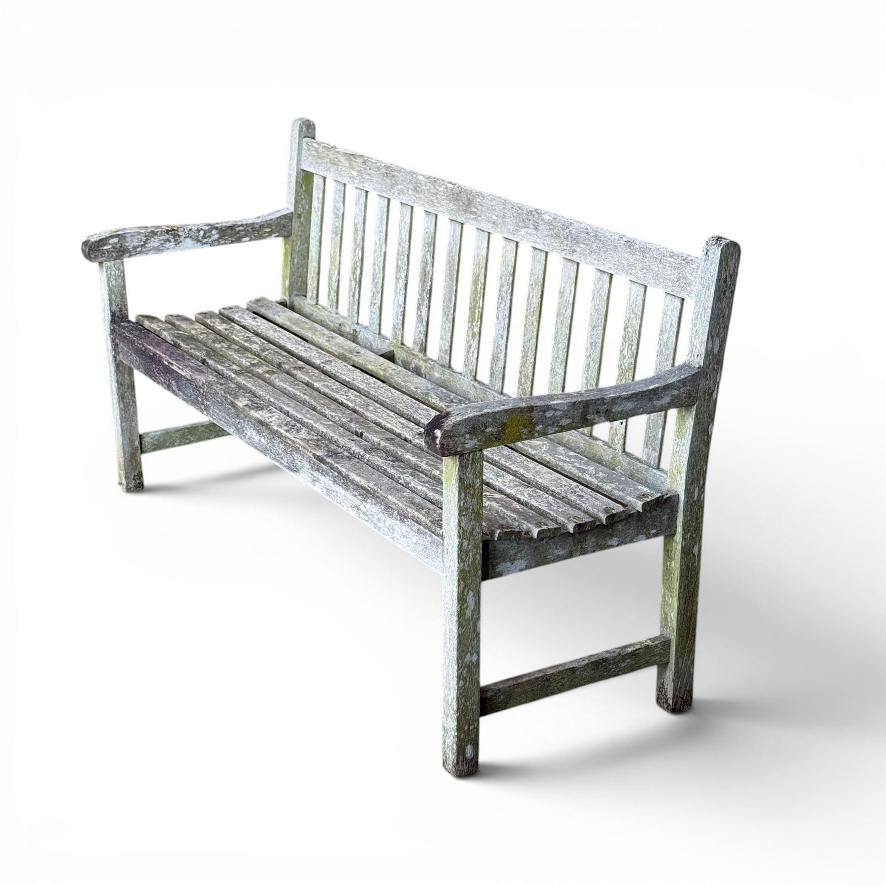 Weathered teak garden bench, slatted seat and back, square form arms and legs