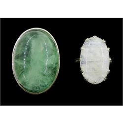 Silver single stone moonstone ring and a large silver green fluorite ring, both stamped925