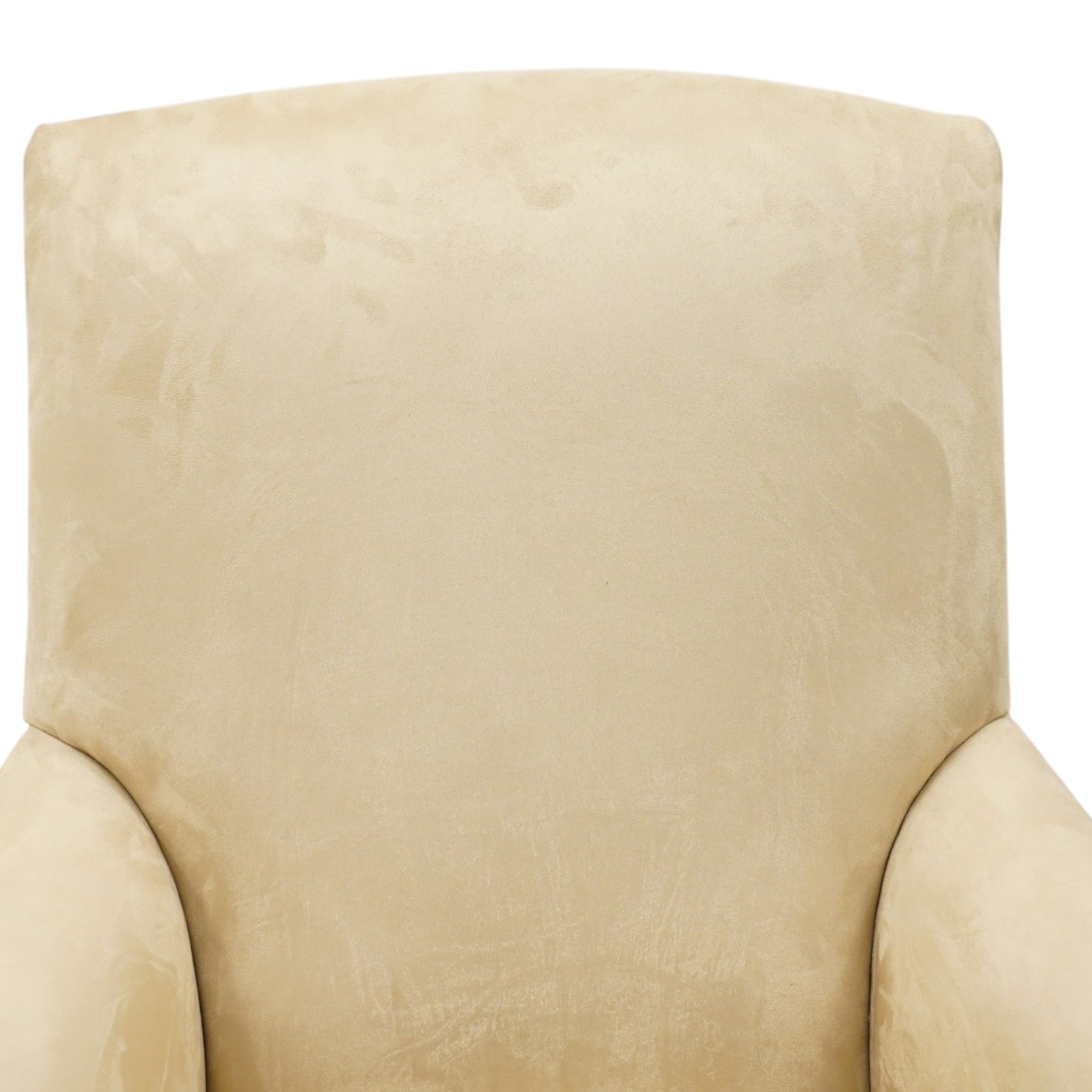 Sofas & Stuff - pair of ‘Thistle’ armchairs upholstered in neutral fabric, each with gently sloping back, padded scroll arms with close-set stud detailing, loose seat cushions, raised on turned wooden legs with brass castors