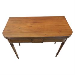 Mid-19th century mahogany console table, featuring extending fold-over top with double rear gate-leg action, raised on turned legs
