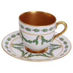 Six 20th century coffee cans and saucers, including Meissen, Royal Worcester and Dresden examples, all with internal gilt decoration