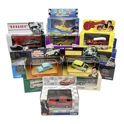 Corgi - sixteen TV/Film related die-cast models including Fawlty Towers, Bullitt, Beatles, Buster, Mr. Bean, Some Mothers,  Monkees, Ballykissangel, Heartbeat, The Avengers, Smokey & The Bandit etc; all boxed (16)