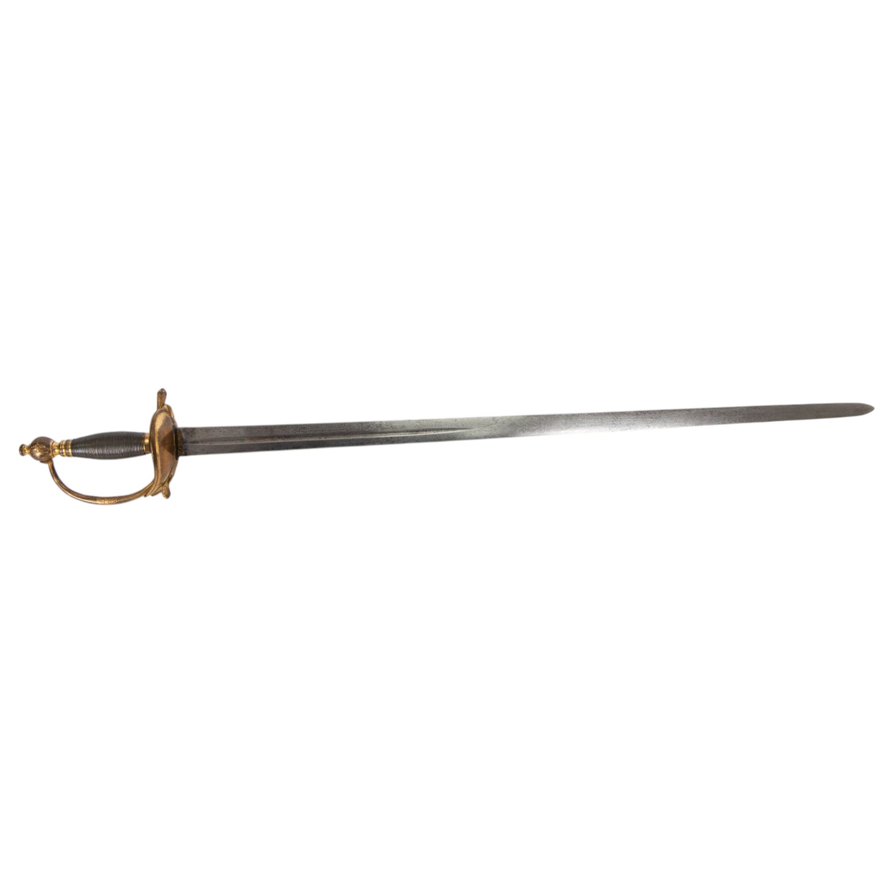 British heavy cavalry officer's sword, 1796 pattern by Thomas Osborn, the 82cm straight double edged blade with central fuller engraved to both sides, with gilded brass boat shaped guard, grip of silver foil over wooden former, within a steel scabbard with twin suspension rings, overall L106cm