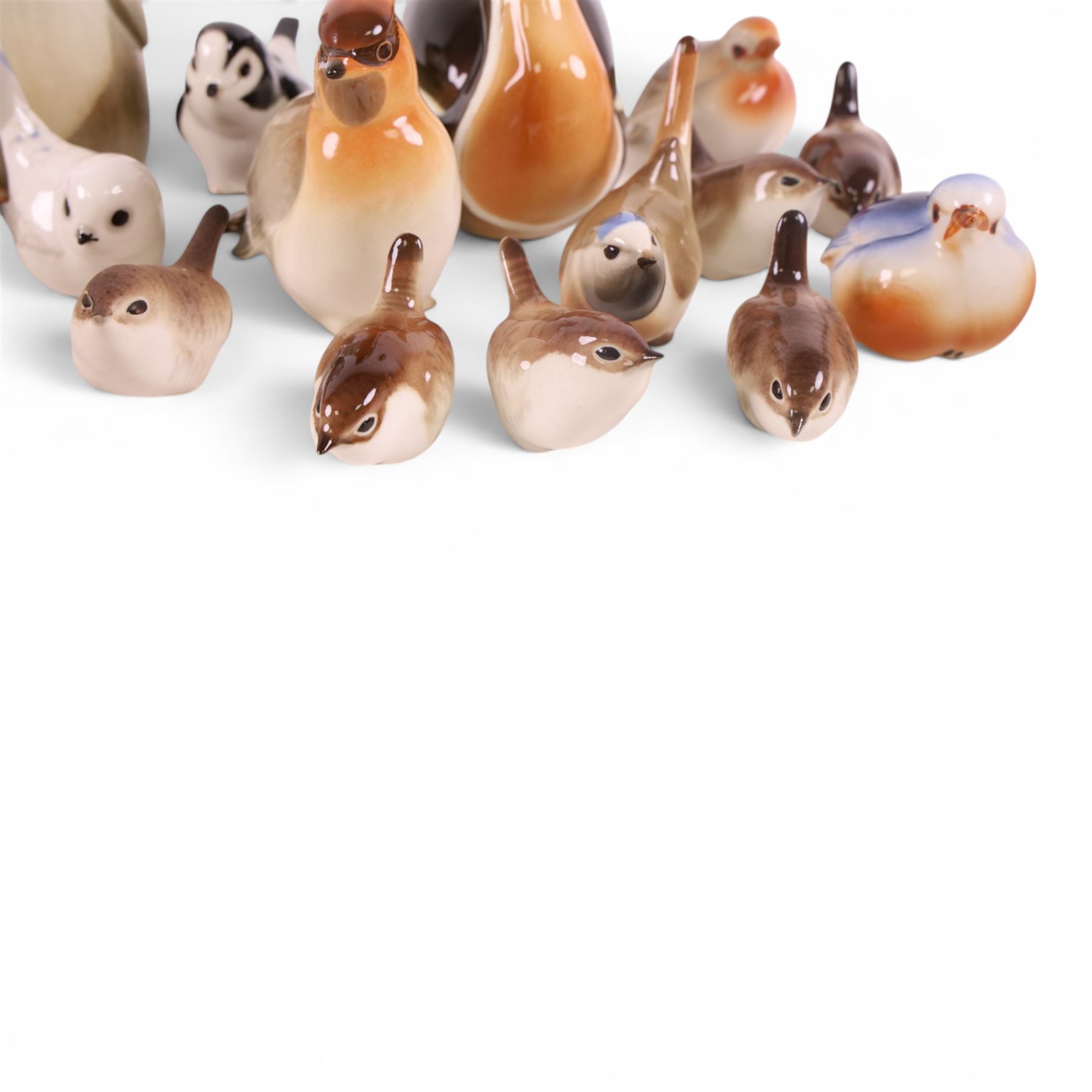 Collection of USSR Lomonosov bird figures, including penguin, quail, duck, wren etc  