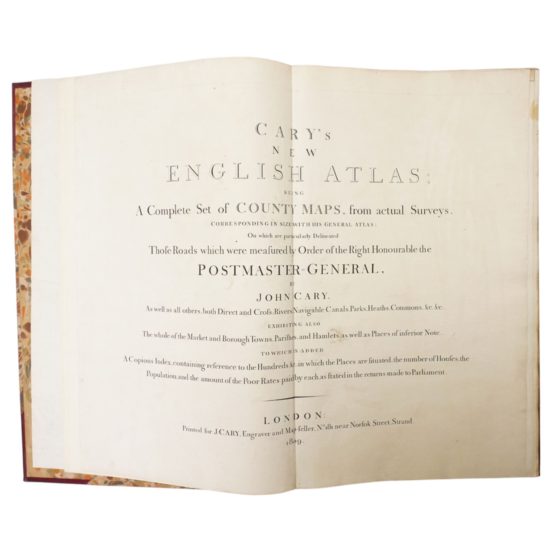 John Cary (British 1755-1835): 'Cary's New English Atlas; A Complete Set of County Maps from Actual Surveys', comprising general map of England & Wales, 46 engraved county maps with contemporary hand-colouring, complete with index, pub. J. Cary, London 1809, rebound in half calf with marbled boards 57cm x 37cm