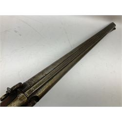 19th century 13-bore double barrel side-by-side percussion cap shotgun, the 72cm stub twist damascus barrels with ramrod under, walnut stock with chequered grip L117.5cm overall