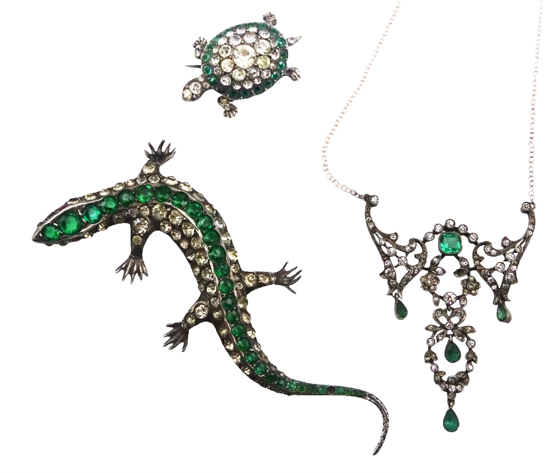 Early 20th century and later silver jewellery including paste turtle brooch, similar lizard brooch, Art Deco milgrain set paste openwork necklace, enamel bird pendant, marcasite studded cuff bracelet, 15ct gold cameo brooch/pendant, 9ct gold turquoise heart pendant and turquoise stick pin and a pearl necklace